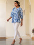 Janasya Women's Blue Pure Cotton Floral Printed A-line Top